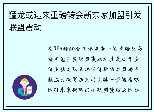 猛龙或迎来重磅转会新东家加盟引发联盟震动 猛龙或迎来重磅转会新东家加盟引发联盟震动