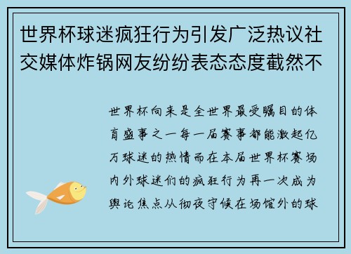 世界杯球迷疯狂行为引发广泛热议社交媒体炸锅网友纷纷表态态度截然不同 世界杯球迷疯狂行为引发广泛热议社交媒体炸锅网友纷纷表态态度截然不同