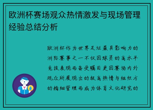 欧洲杯赛场观众热情激发与现场管理经验总结分析 欧洲杯赛场观众热情激发与现场管理经验总结分析